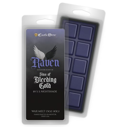 Raven character-inspired wax melt from Sins of Bleeding Gold, featuring lilac, sage, and smoke