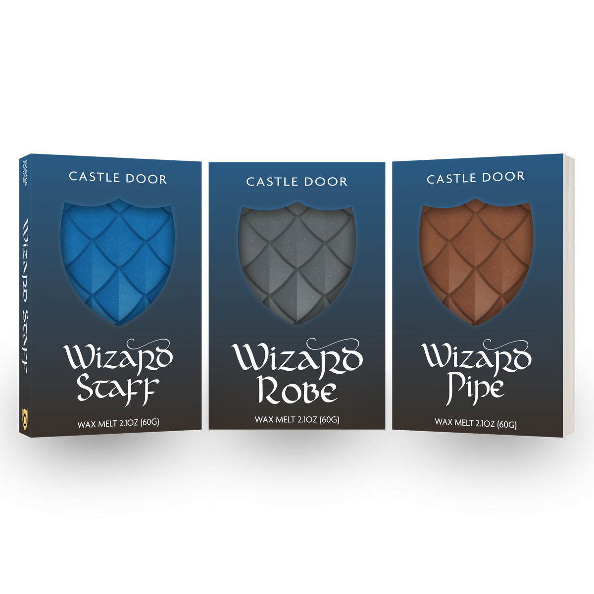 Wizard Gear trilogy featuring Wizard Staff, Wizard Robe, and Wizard Pipe dragonscale wax melts in blue boxes