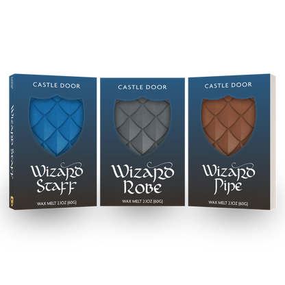 Wizard Gear trilogy featuring Wizard Staff, Wizard Robe, and Wizard Pipe dragonscale wax melts in blue boxes