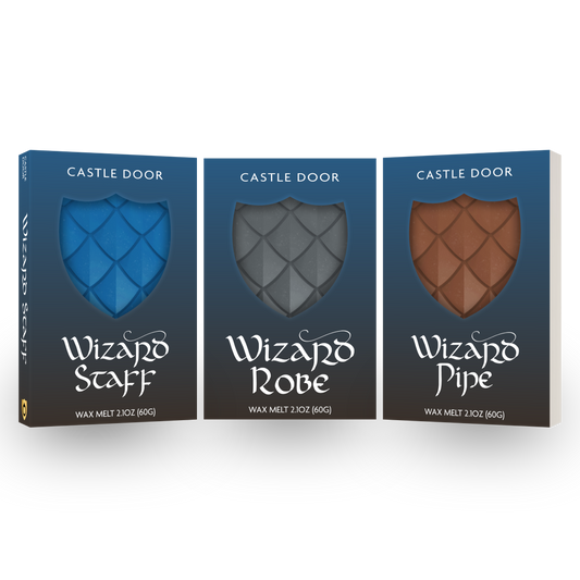 Wizard Gear trilogy featuring Wizard Staff, Wizard Robe, and Wizard Pipe dragonscale wax melts in blue boxes