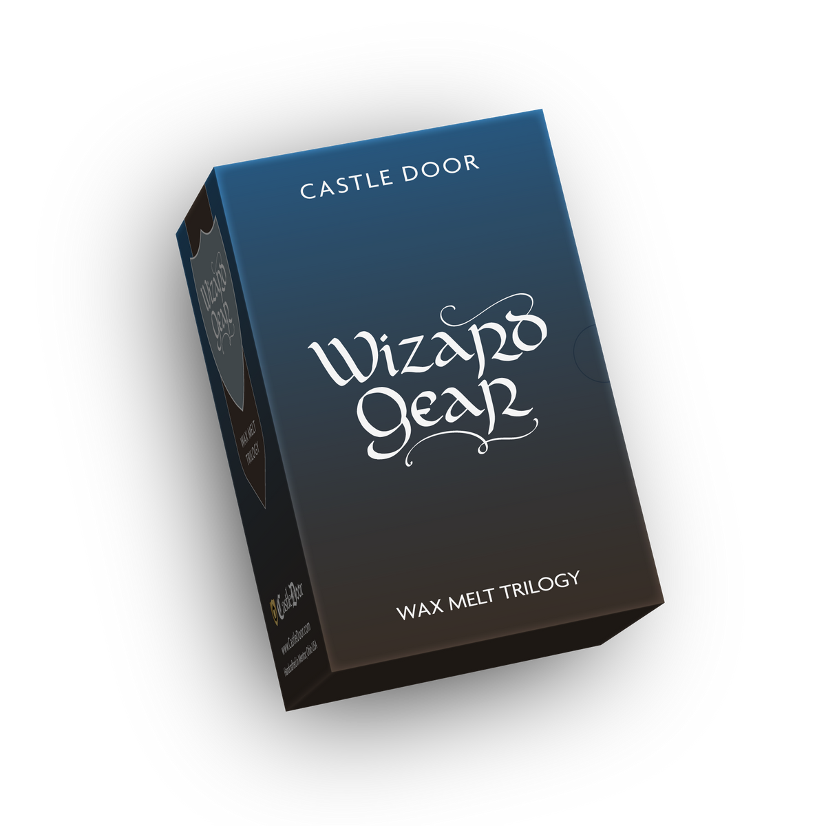 Angled blue Wizard Gear wax melt trilogy gift box