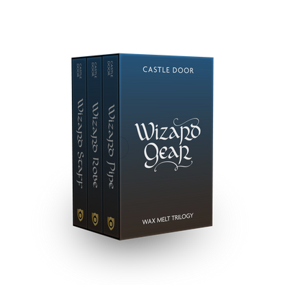 Blue Wizard Gear wax melt trilogy box beside spines of its three wizard-themed scents