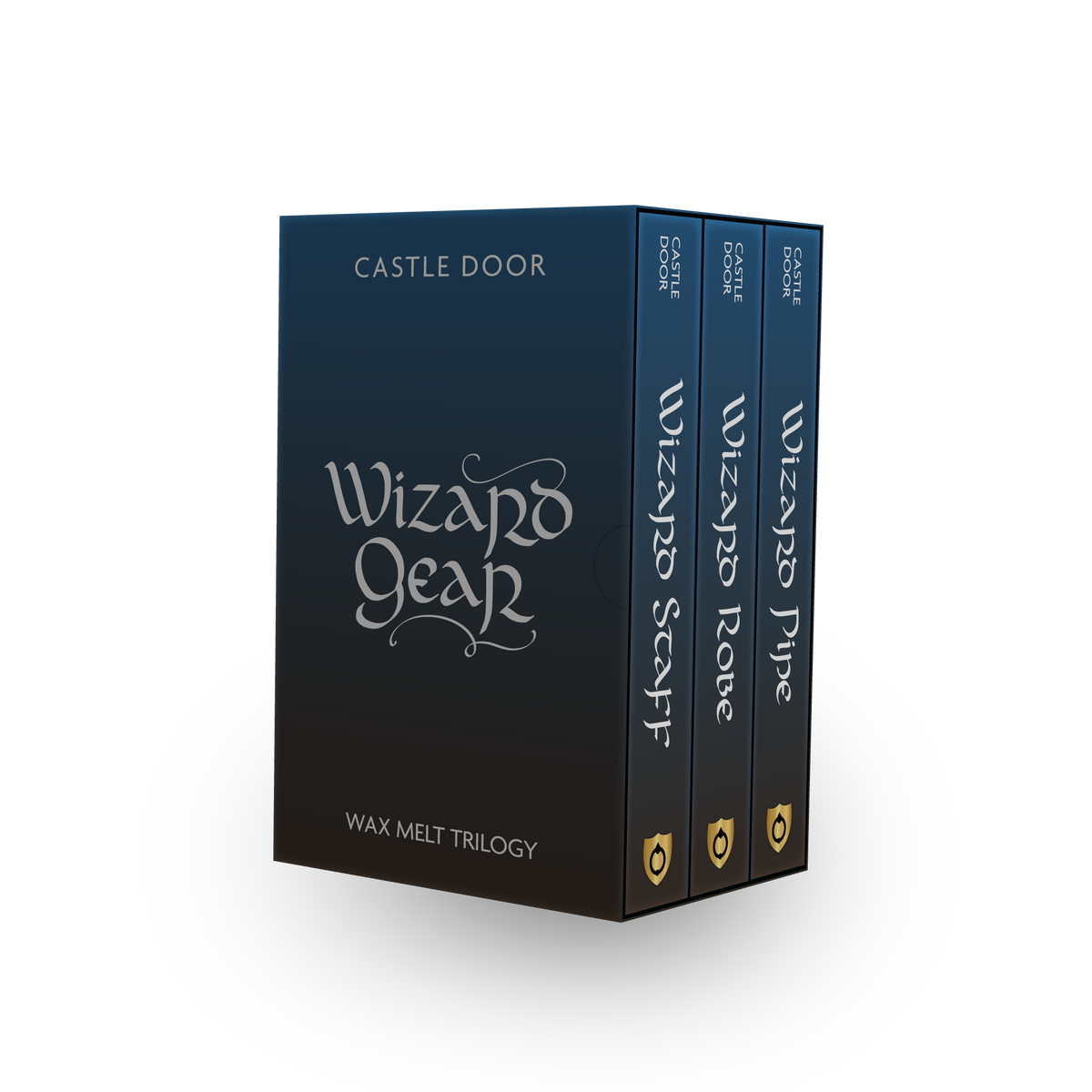 Angled view of Wizard Gear trilogy box and individual scent spines