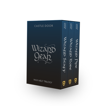Angled view of Wizard Gear trilogy box and individual scent spines