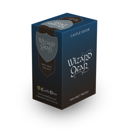 Three-quarter view of Wizard Gear trilogy packaging showing the top and side of the box