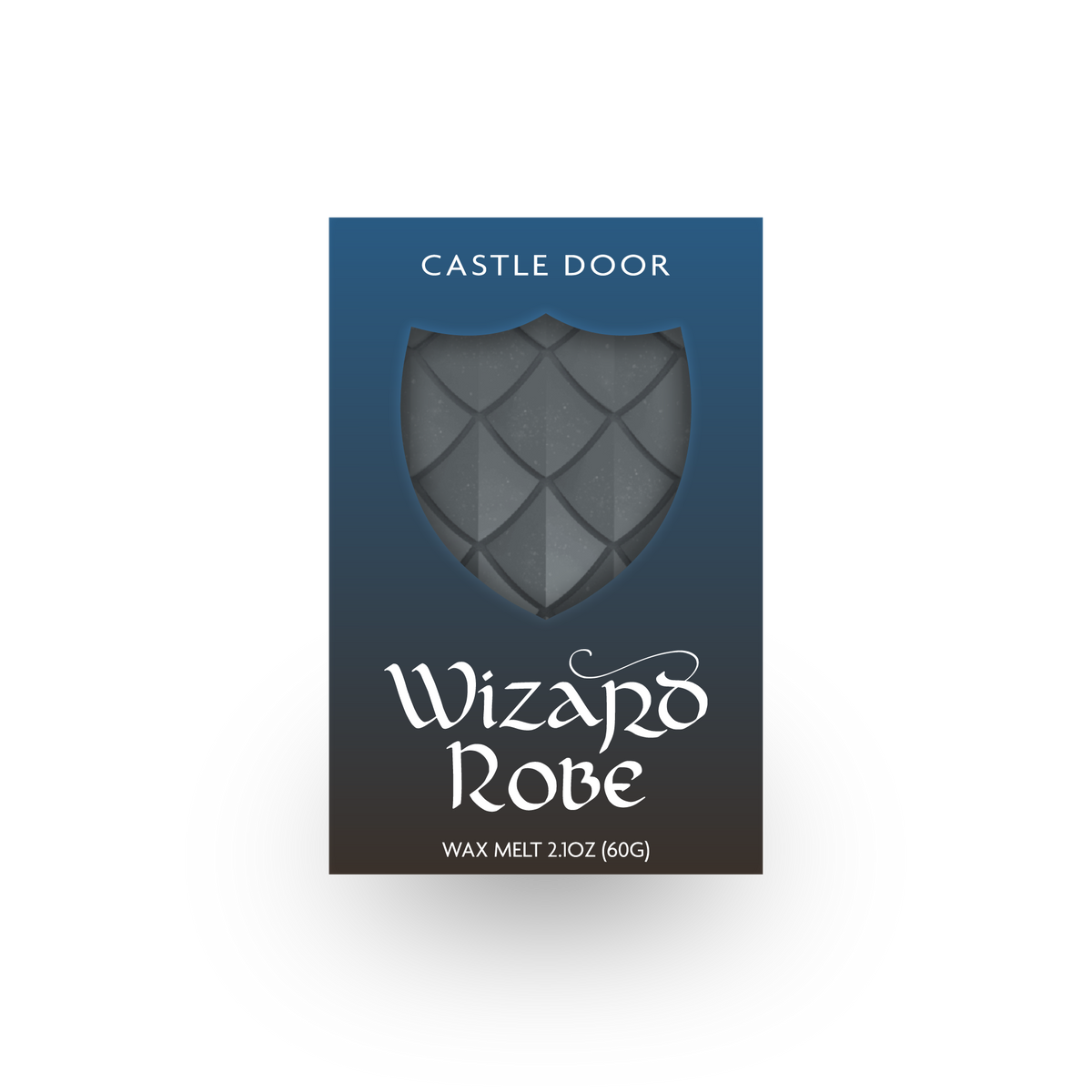 Wizard Robe dragonscale wax melt in blue box with grey shield window