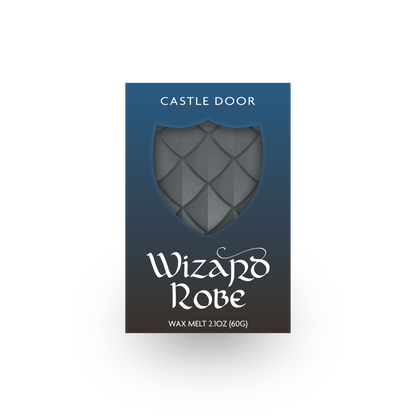 Wizard Robe dragonscale wax melt in blue box with grey shield window