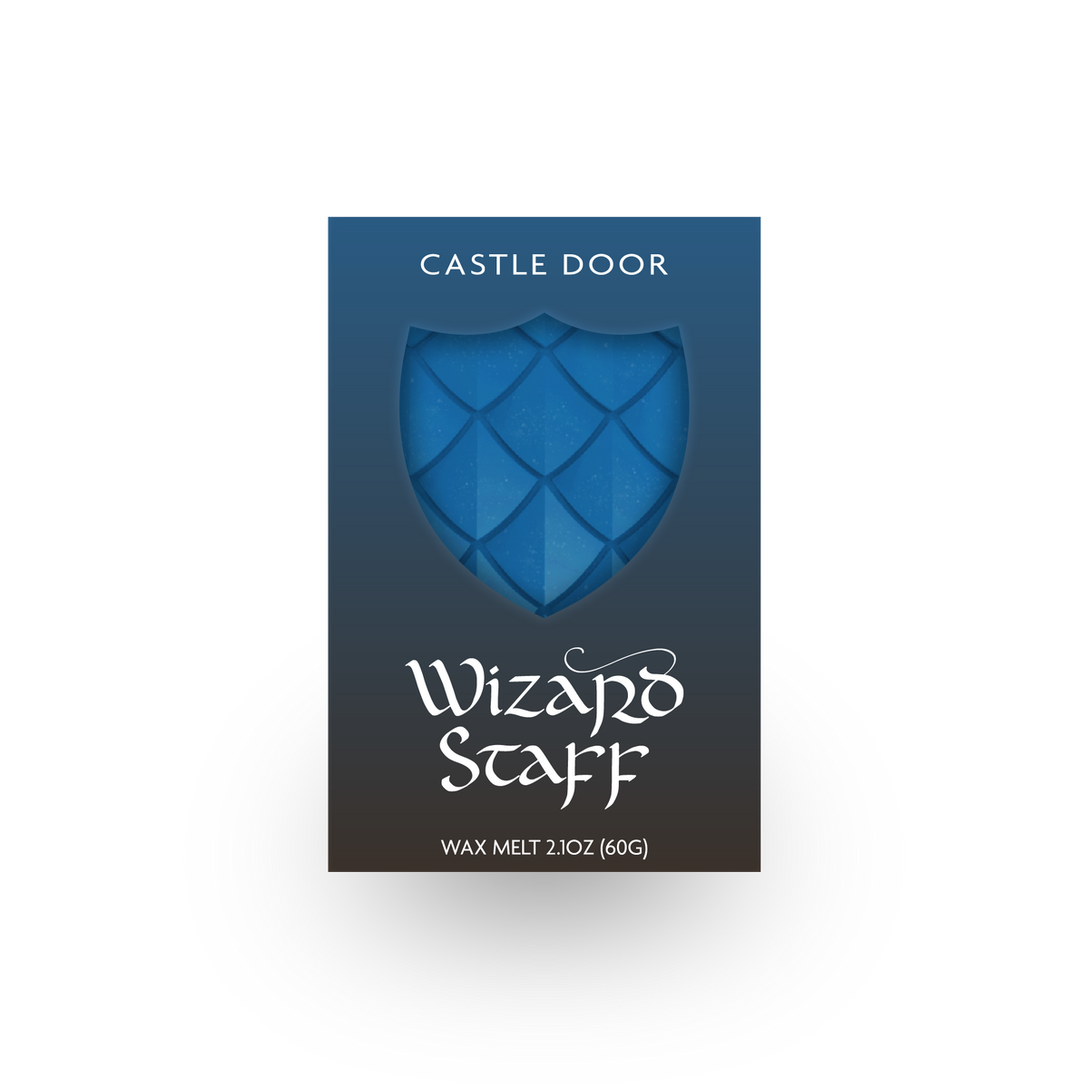 Wizard Staff dragonscale wax melt in blue box with bright blue shield window