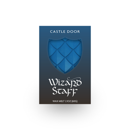 Wizard Staff dragonscale wax melt in blue box with bright blue shield window